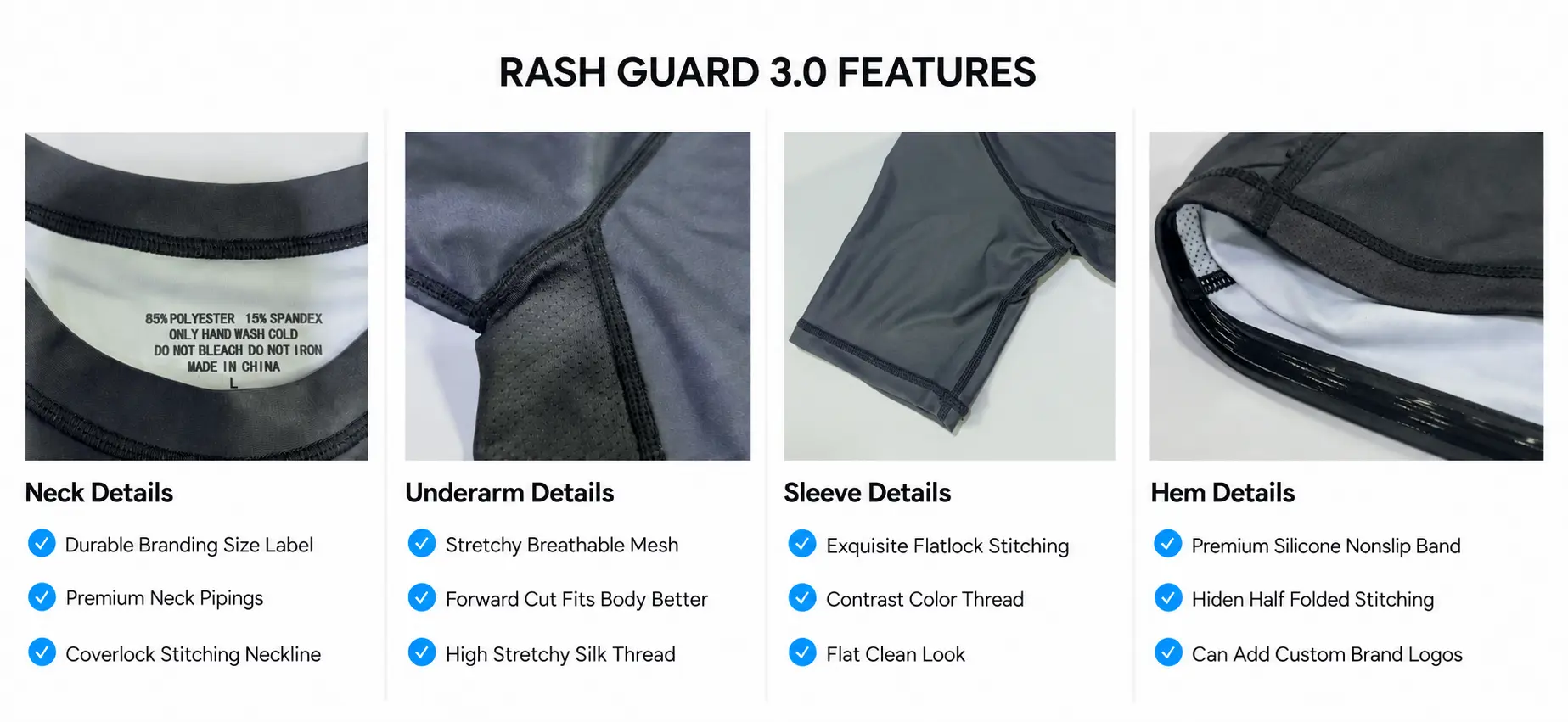 Rash Guard 3.0 construction features showing neck label, breathable underarm mesh, flatlock sleeve seams, and silicone nonslip hem band