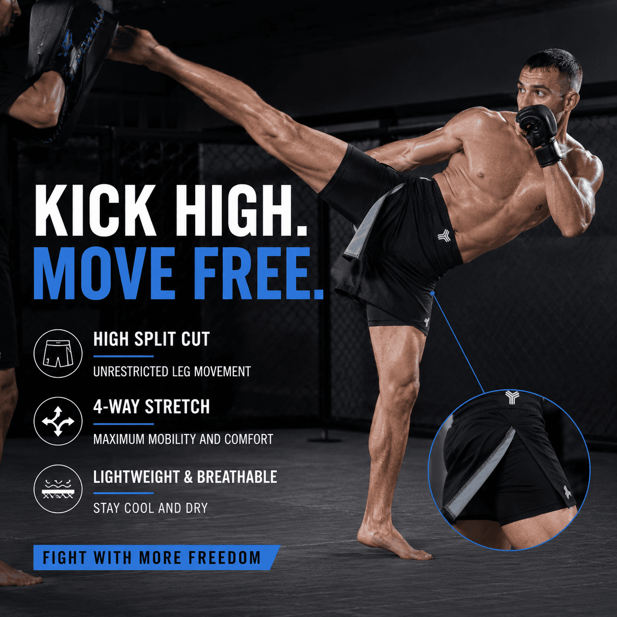 Supplied promotional visual showing a high kick and the high-split shorts application