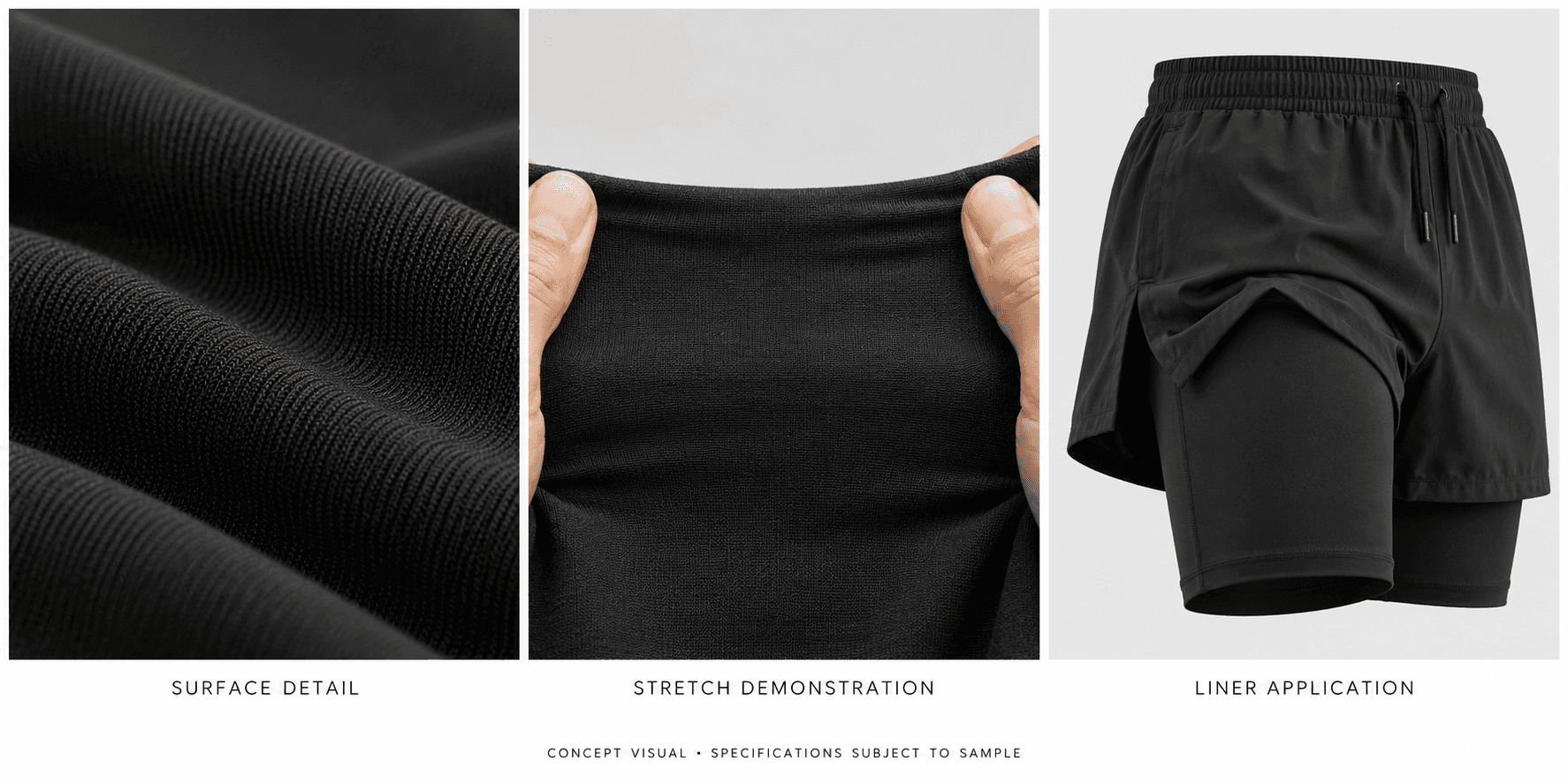 Three-panel supplied concept showing black knit surface detail, a hand stretch illustration and a two-layer shorts application