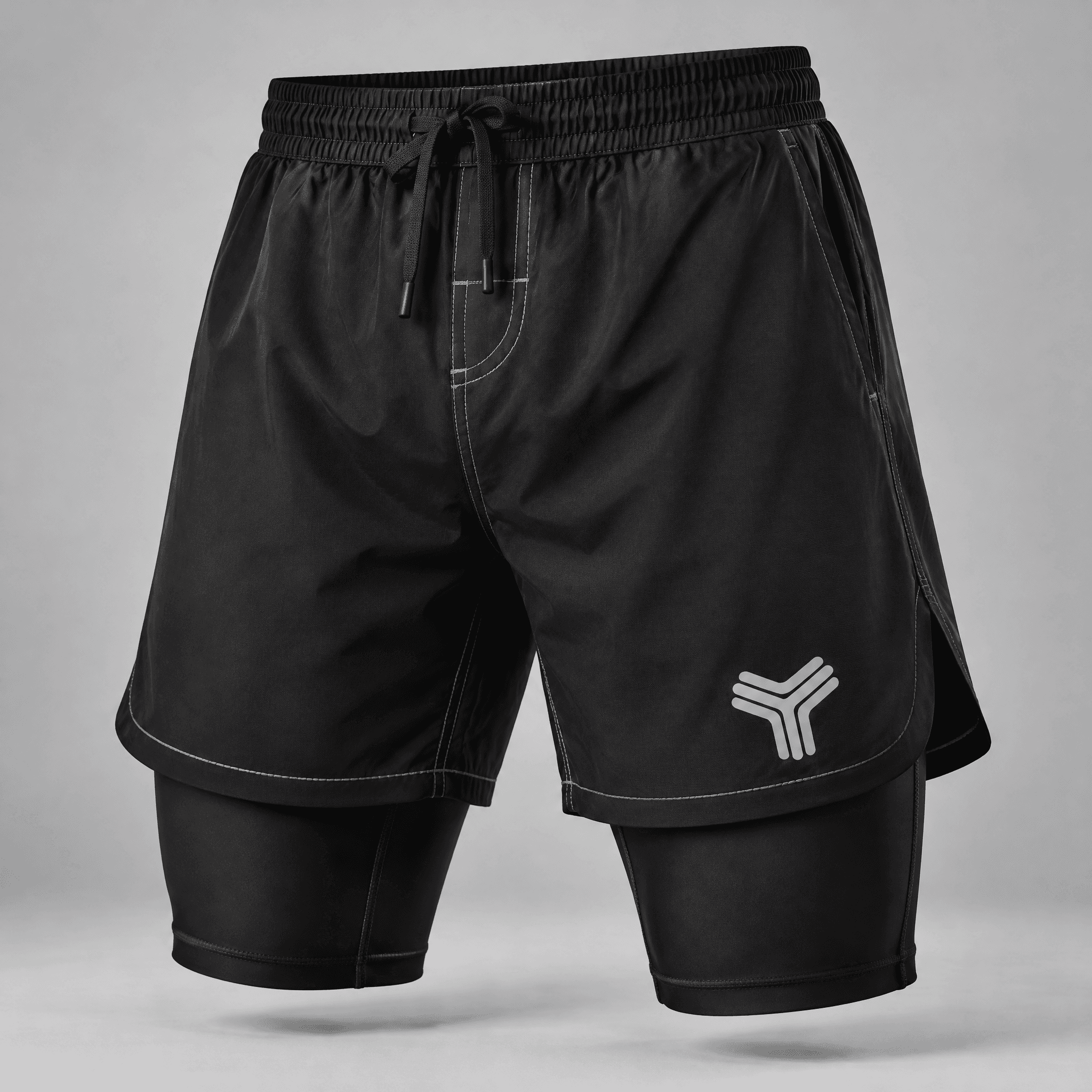 Supplied AI-generated layering concept showing black outer shorts over an extended fitted knit liner