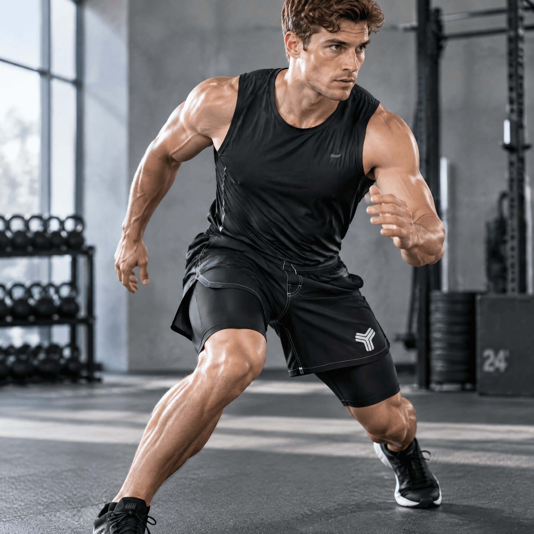 Supplied AI-generated training concept showing a fitted black inner layer below athletic outer shorts during a lunge