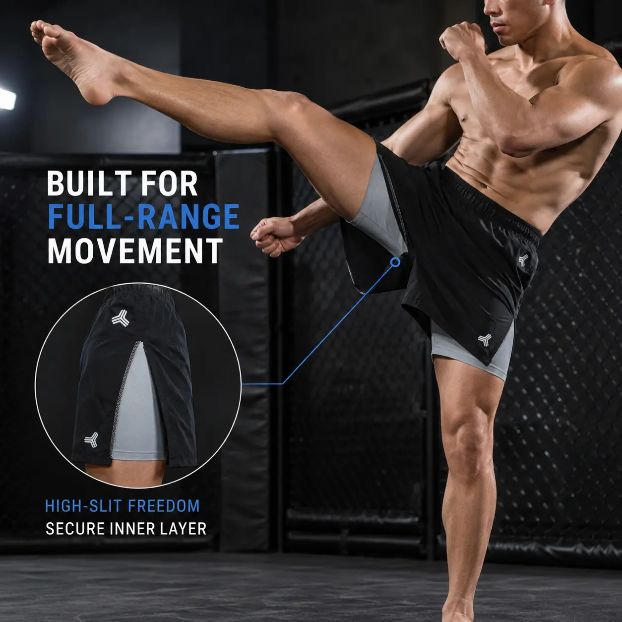 Athlete demonstrating full-range movement in black and white high-split fight shorts