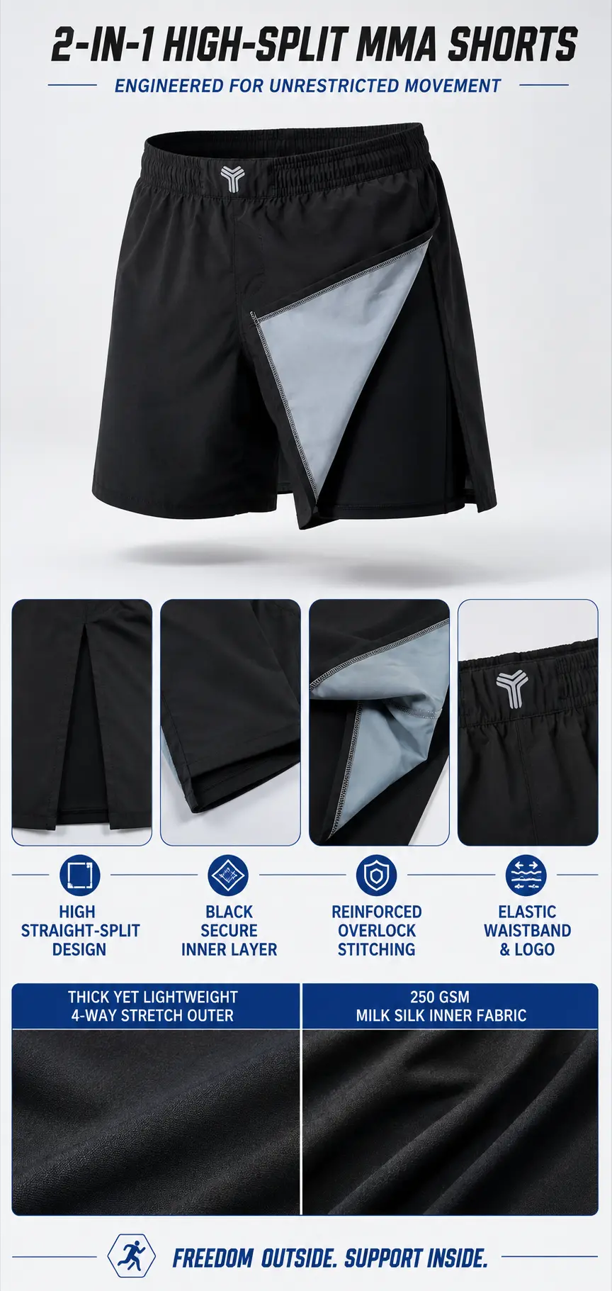 2-in-1 high-split MMA shorts construction overview with outer fabric, inner liner, stitching, and waistband details