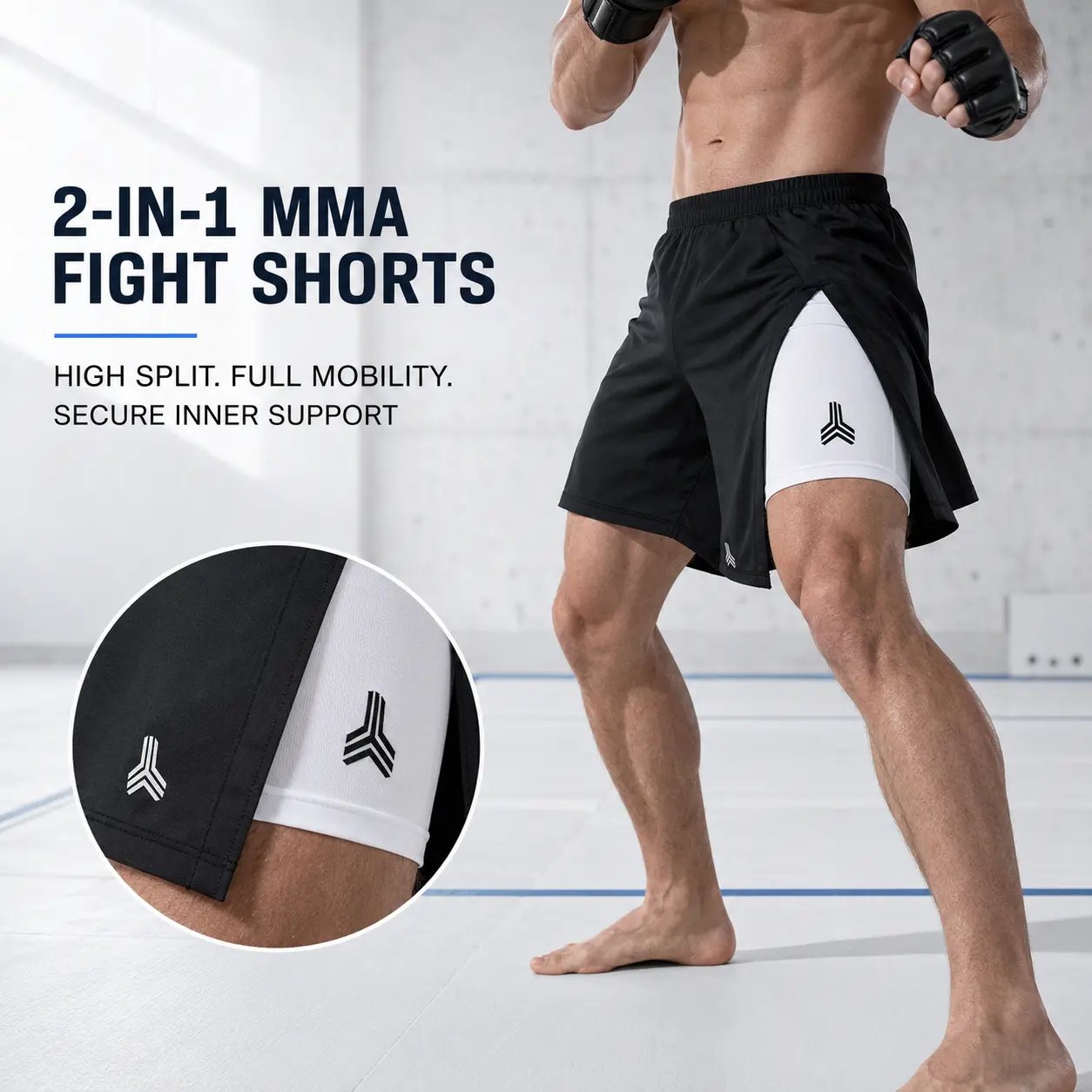 Athlete wearing black and white 2-in-1 high-split MMA fight shorts during training