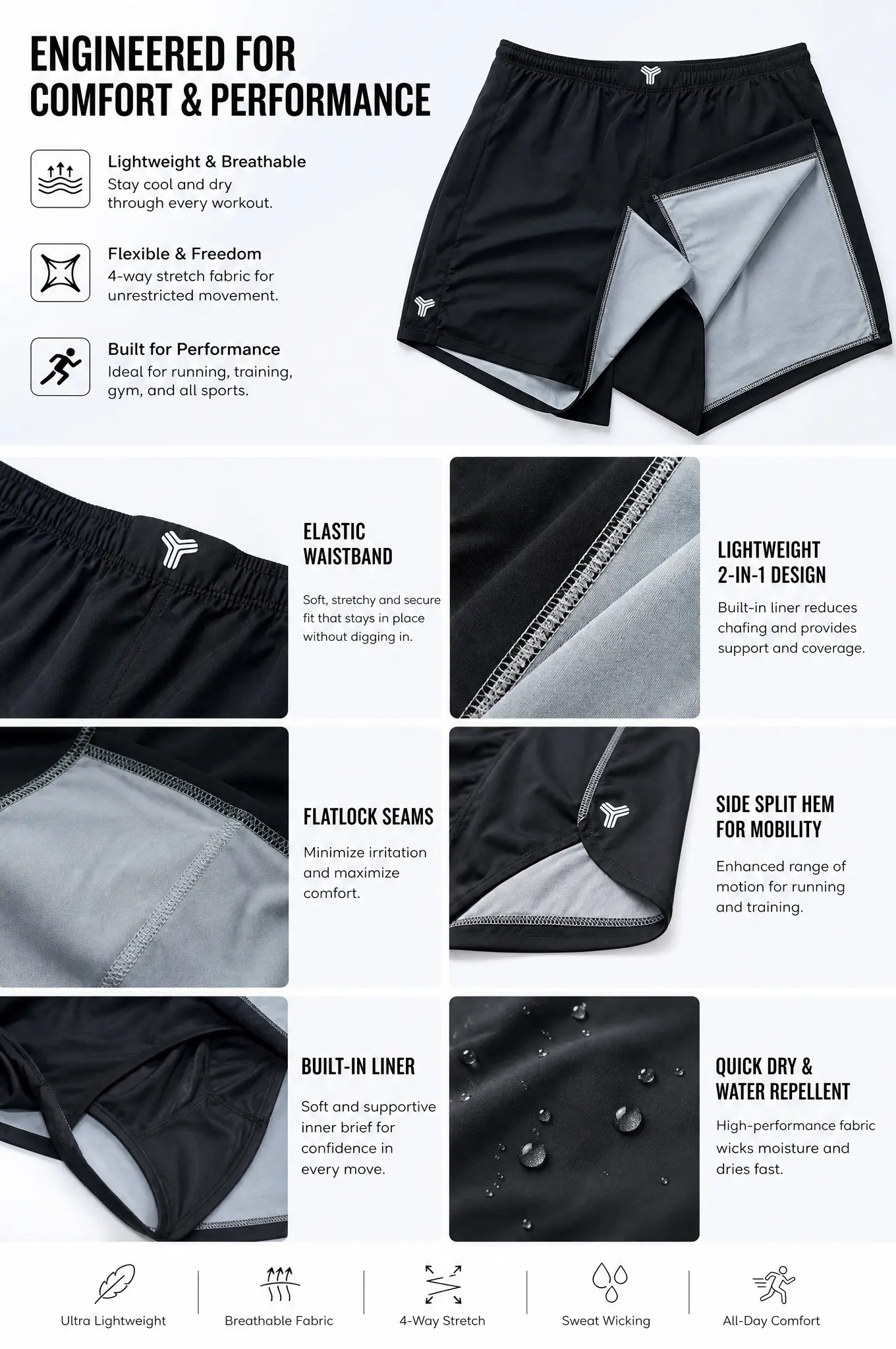 Close-up product details showing elastic waistband, reinforced seams, inner liner, side split, and quick-dry fabric
