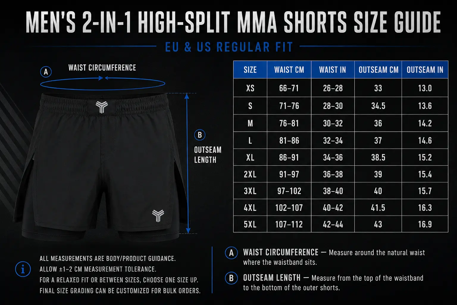 Men's 2-in-1 high-split MMA shorts size guide from XS to 5XL with waist and outseam measurements