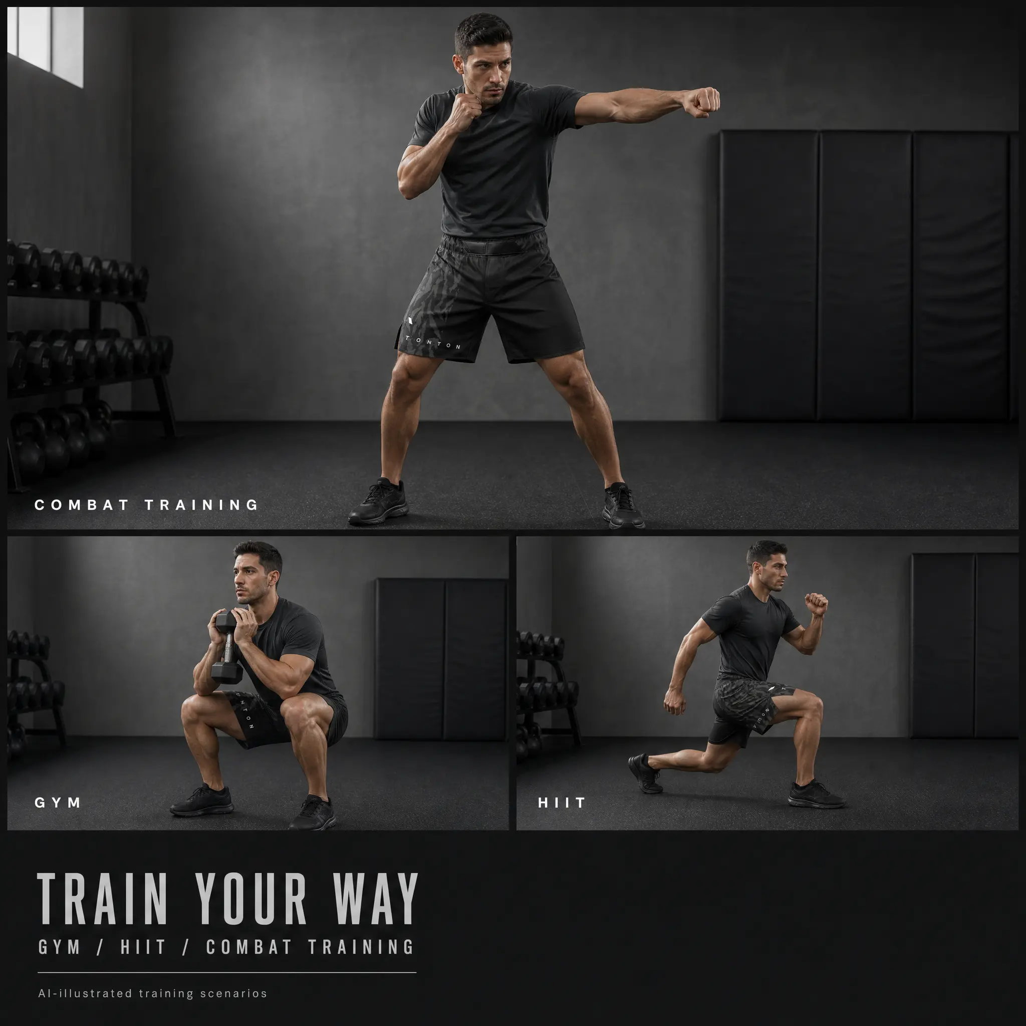 Illustrated MMA, gym squat and HIIT lunge training scenarios for side-split fight shorts