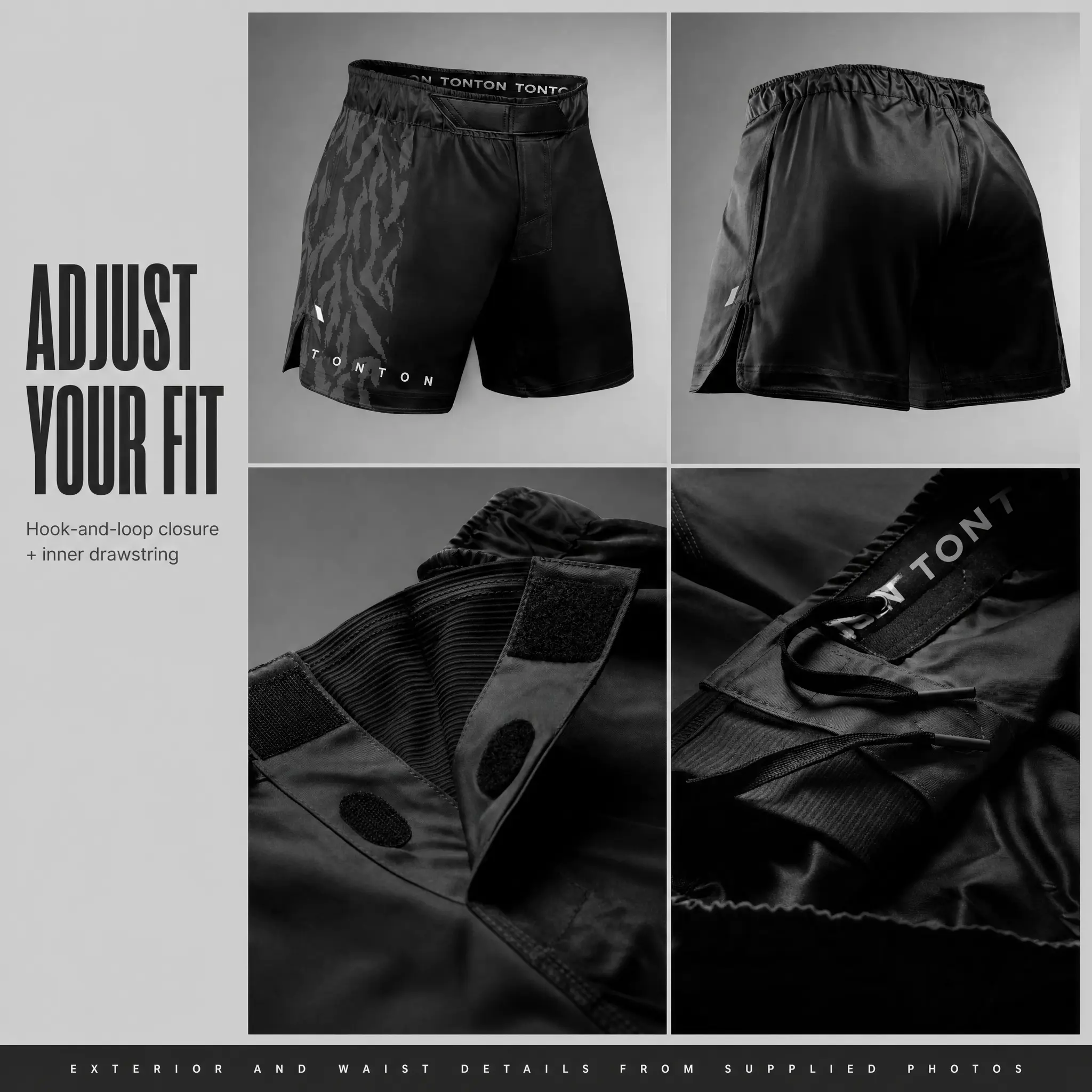 Front and back MMA shorts views with hook-and-loop waistband and internal drawstring close-ups