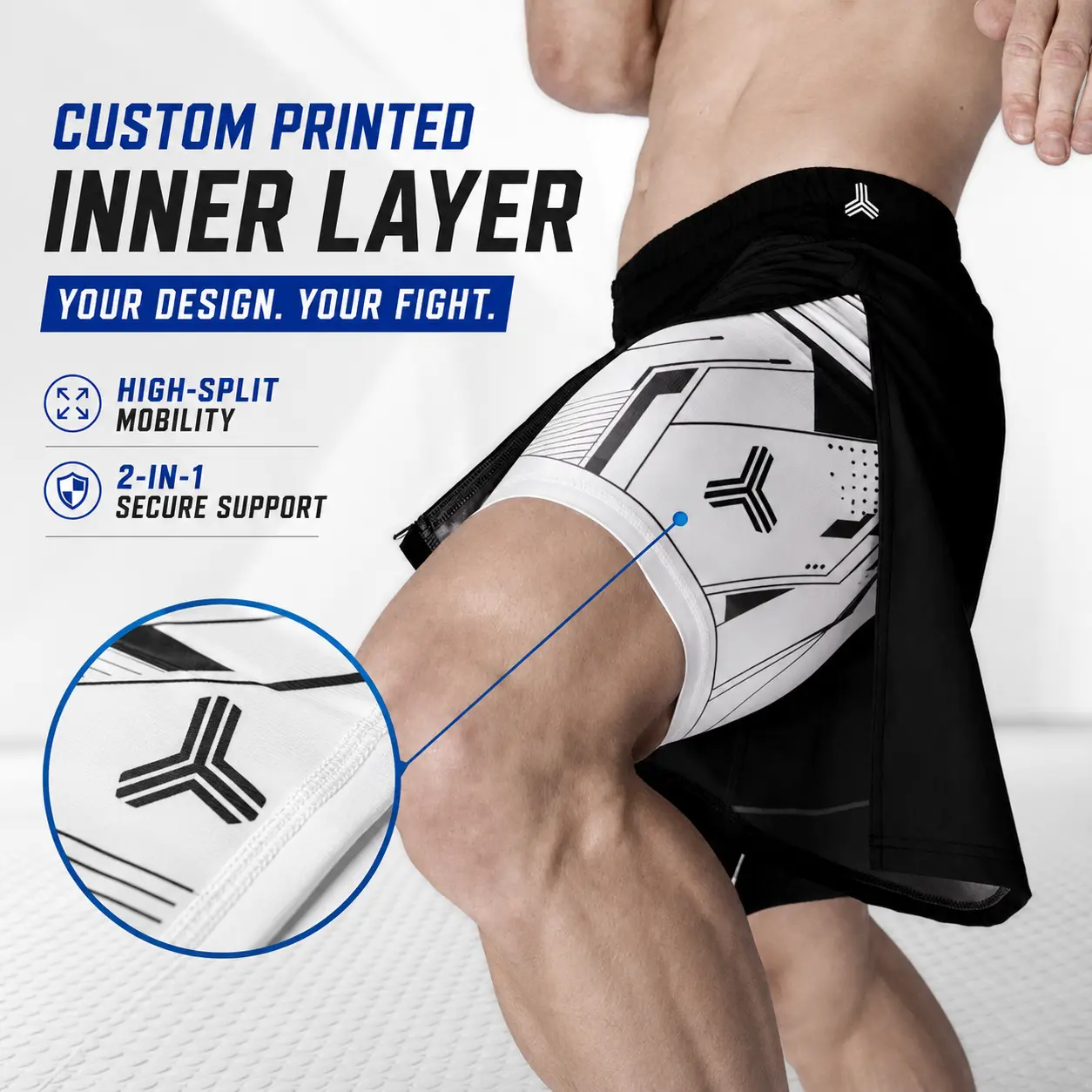 Custom printed inner compression layer of grappling shorts