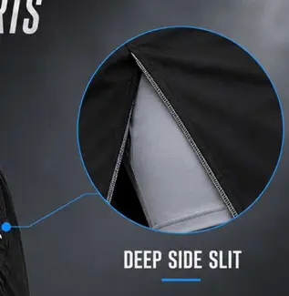 Deep side-split detail on custom grappling shorts
