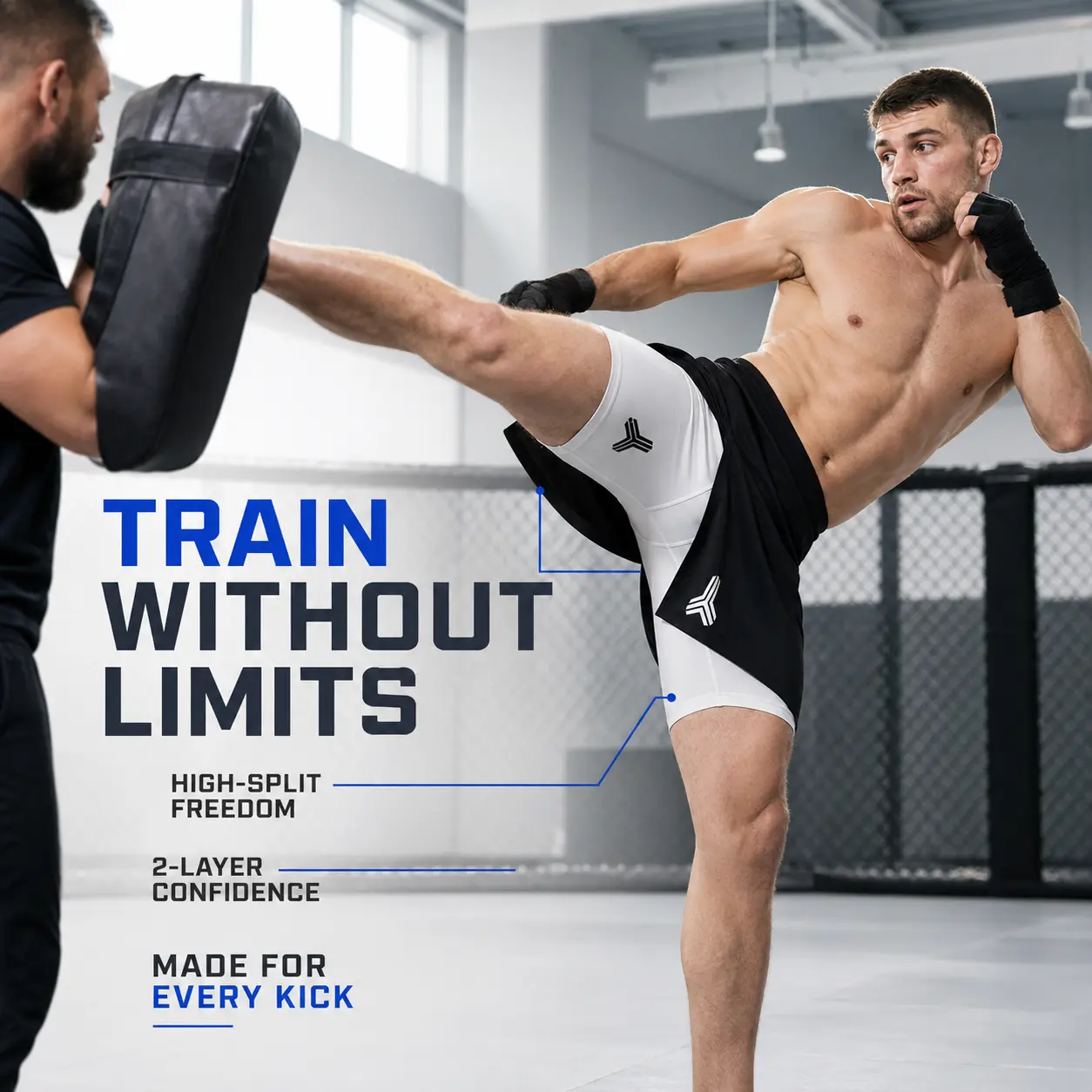 High-split grappling shorts used in fight training