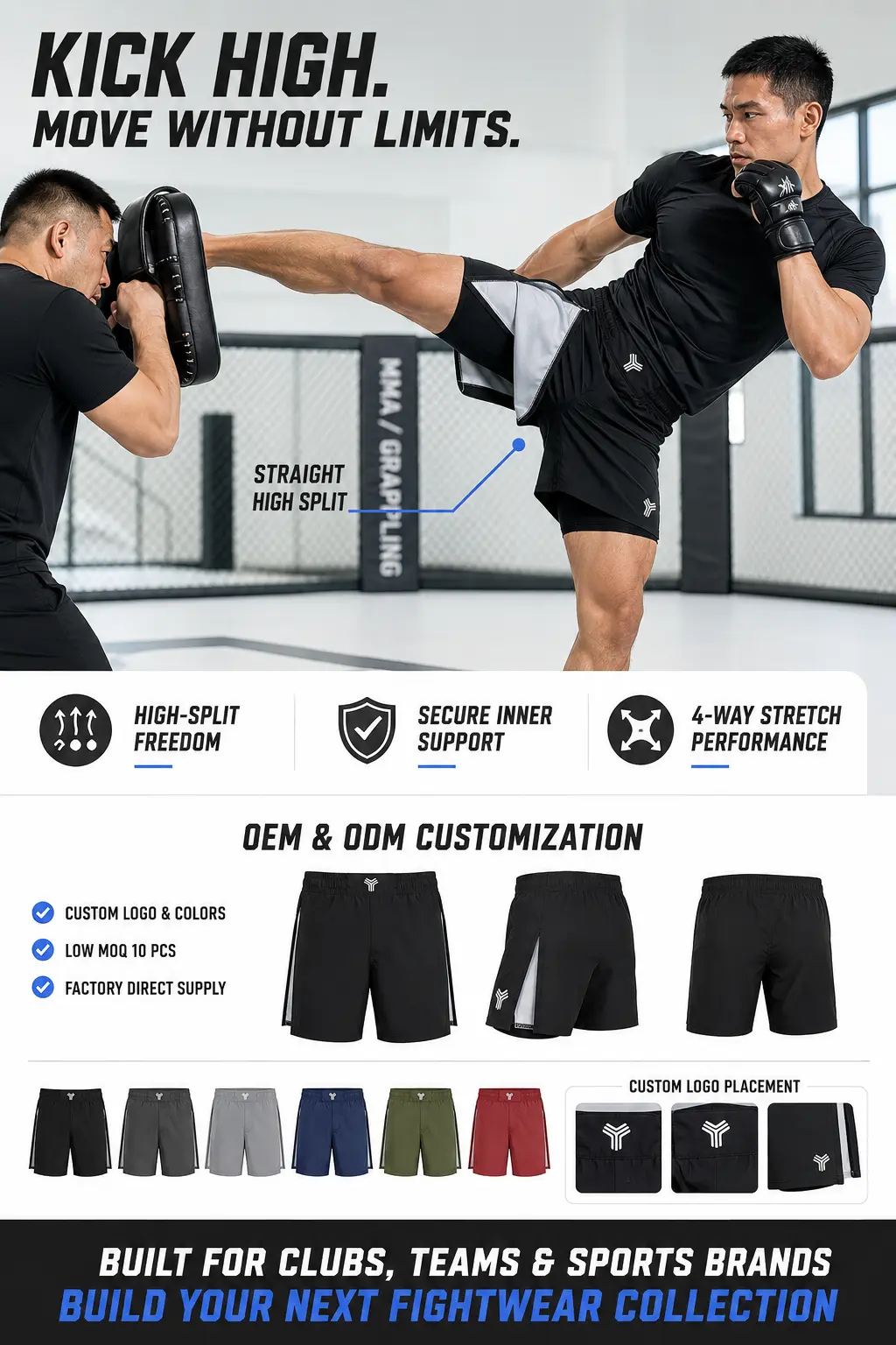 Athlete demonstrating high-kick mobility in high-split grappling shorts