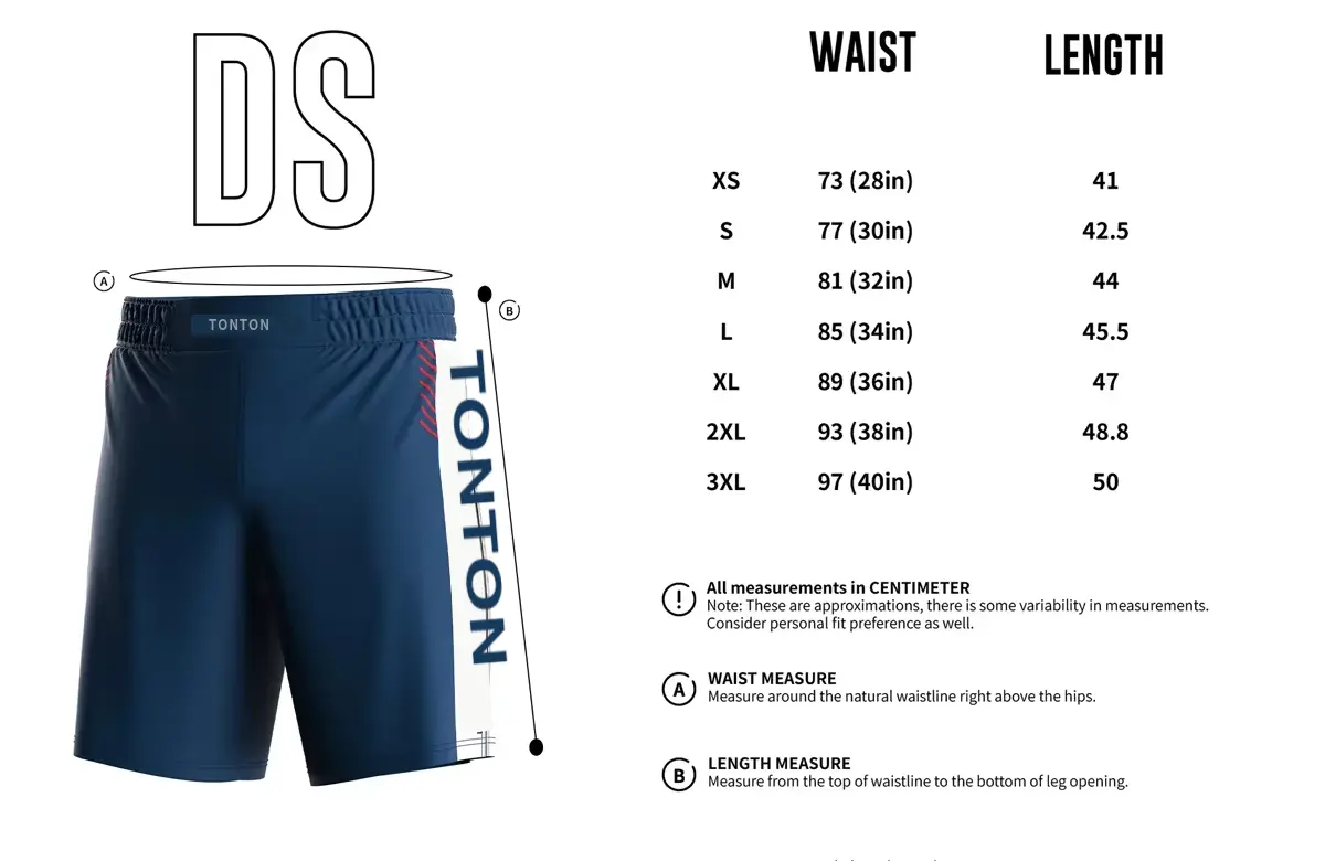 XS to 3XL custom grappling shorts size chart