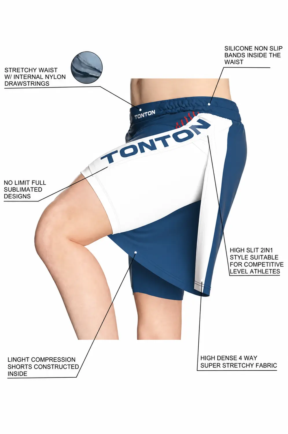 Technical view of the waistband, compression liner and high split construction