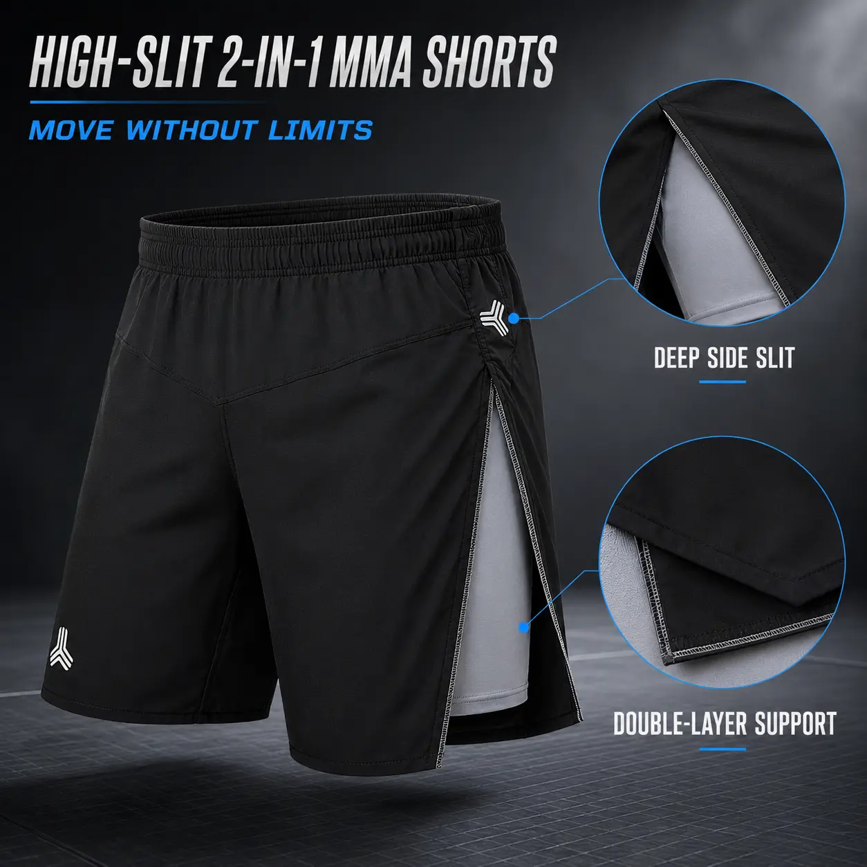 High-split two-in-one grappling shorts construction