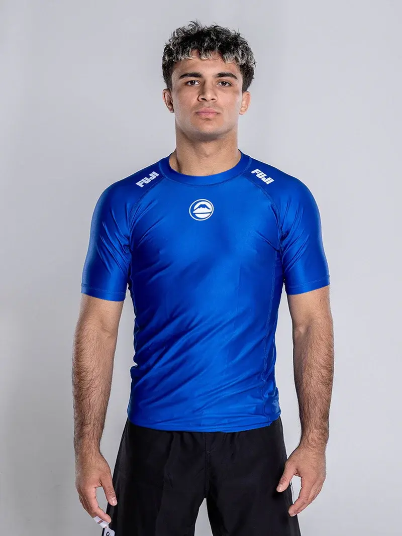 Full front fit reference for the blue Elite Team Rash Guard