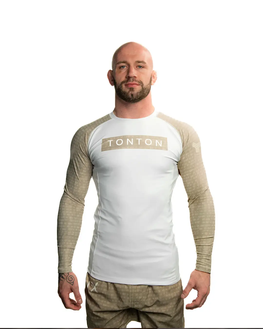 White and taupe long-sleeve custom sublimated Rash Guard front view