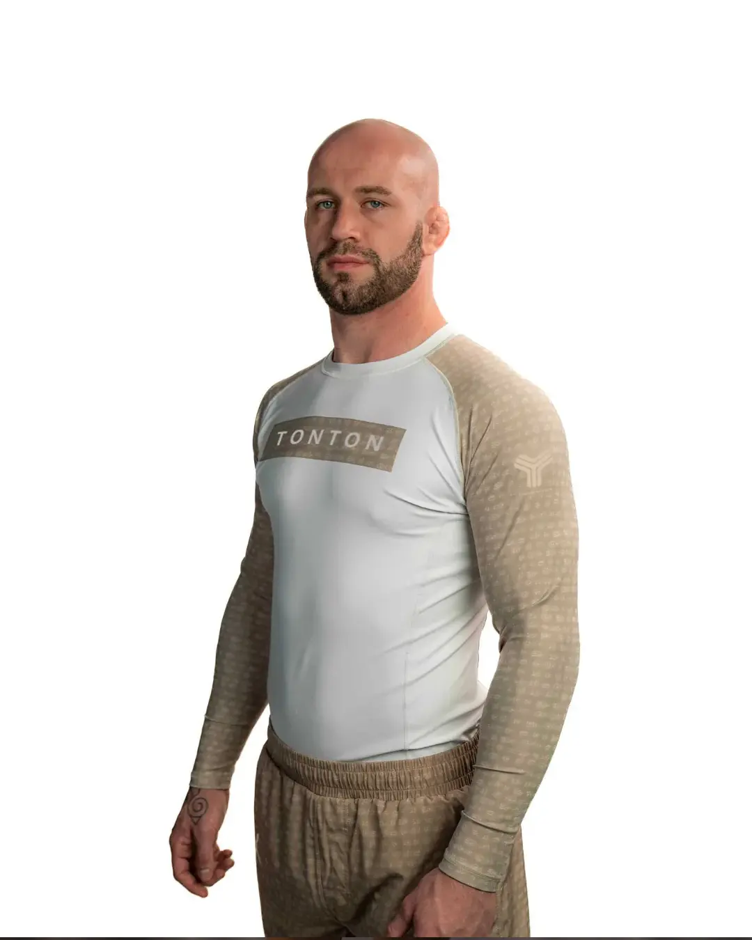 White and taupe long-sleeve Rash Guard three-quarter view showing raglan sleeve construction