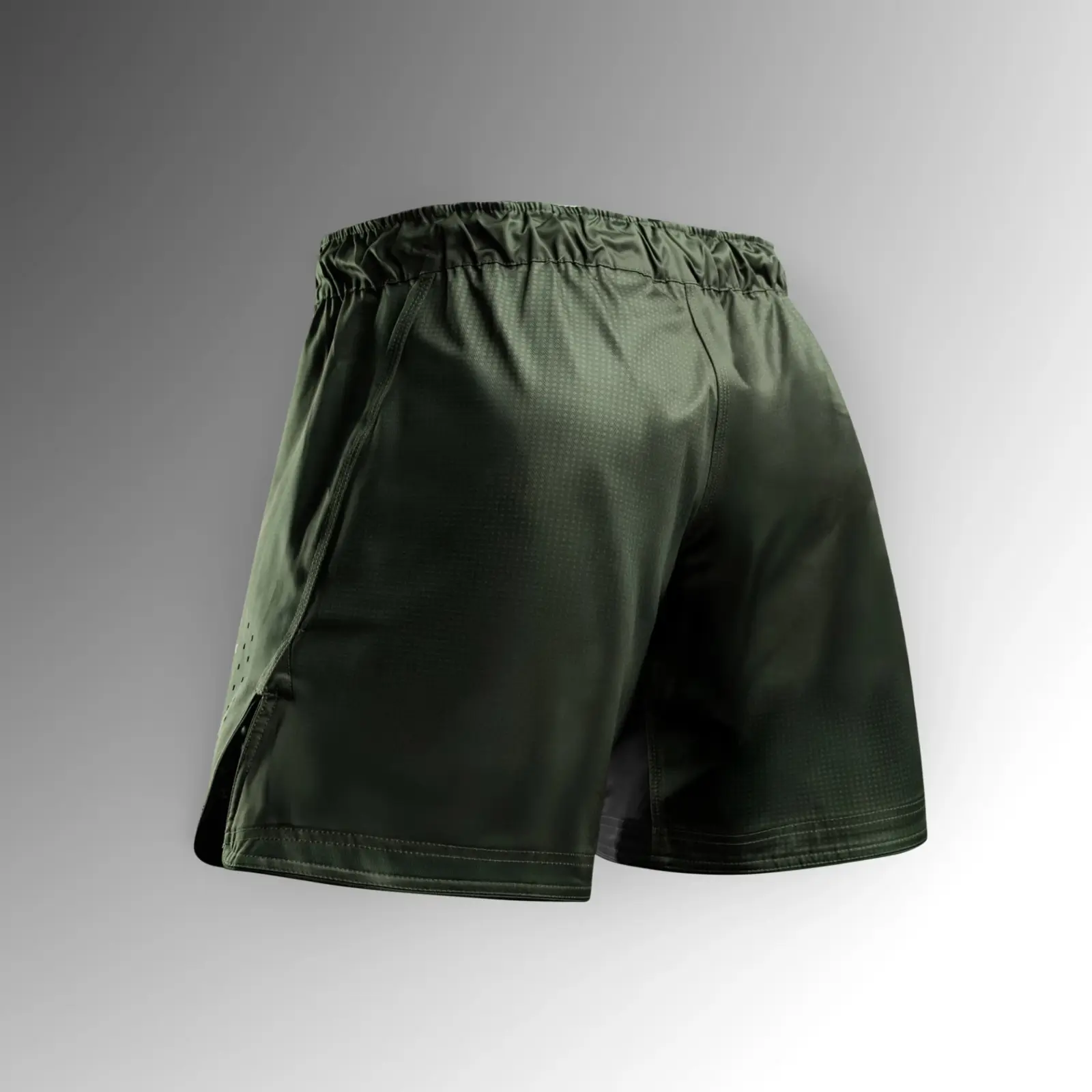 Back overview of olive functional training shorts with shaped seams and side pocket opening